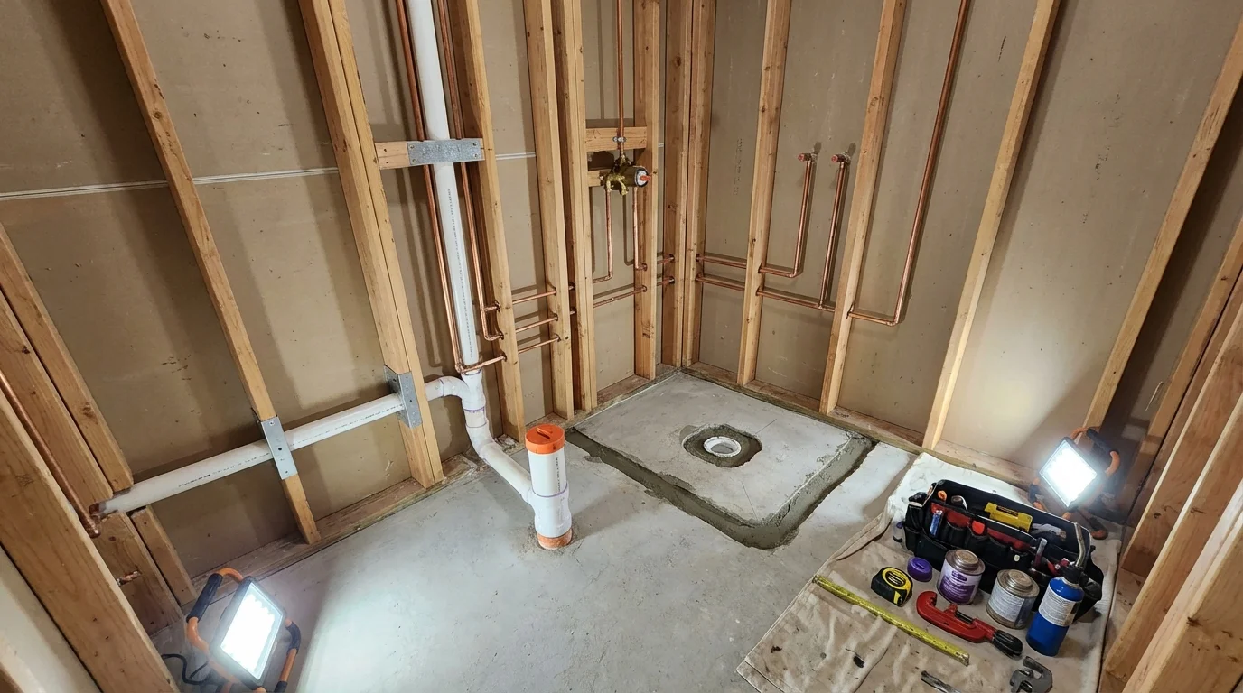 Bathroom rough-in plumbing during remodel by Johns Plumbing LLC in Devon
