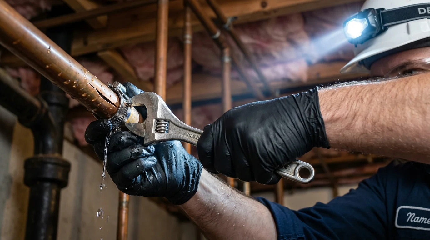 Emergency pipe clamp repair being performed by a Johns Plumbing LLC plumber in Devon