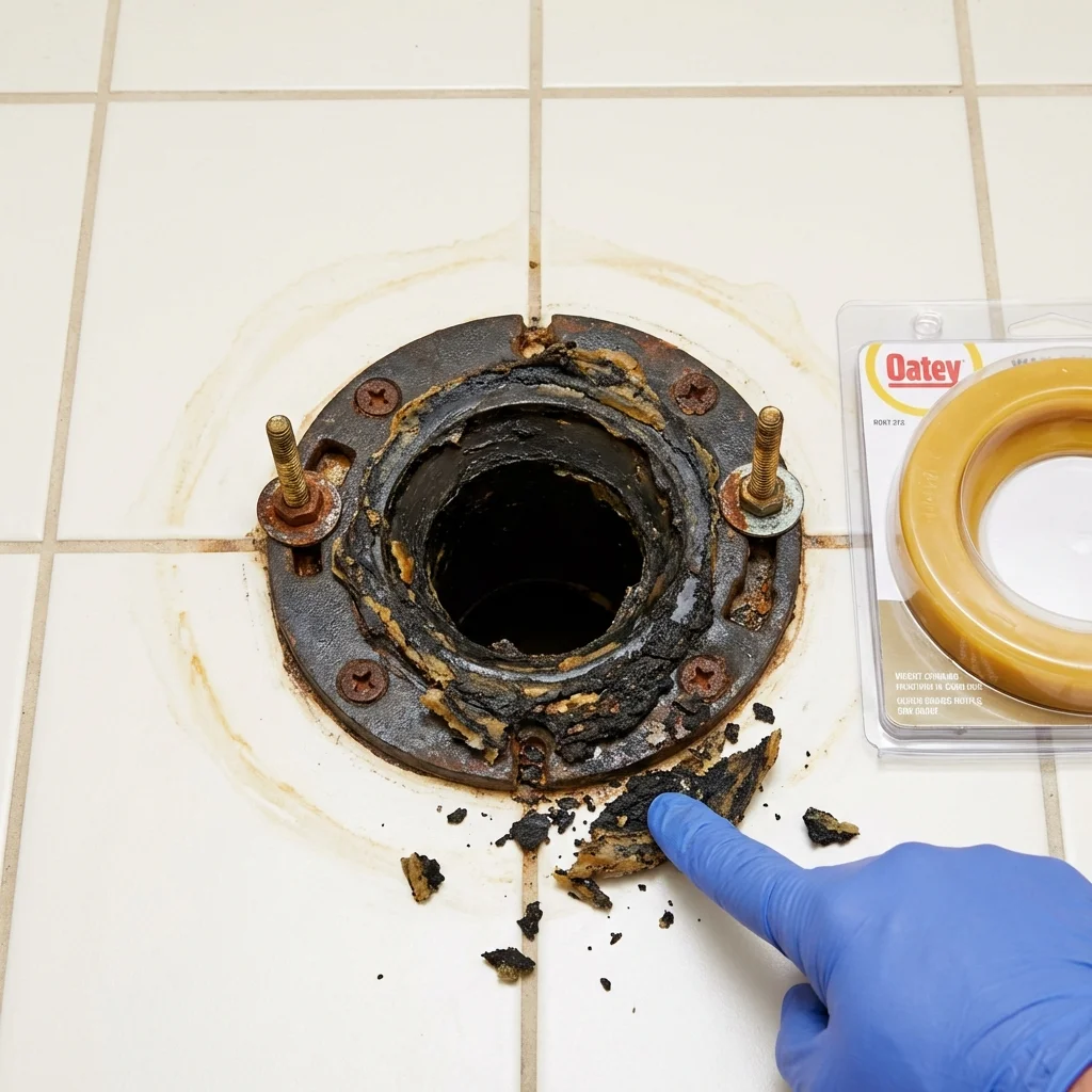 Failed wax ring showing water seepage at the base of a toilet in a Devon, PA home